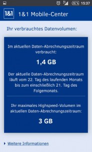 1&1 Datenverbrauch Anzeige mobile-center