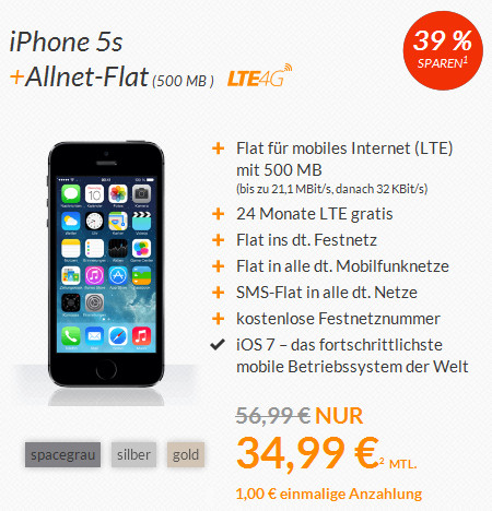 iPhone 5s mit O2 Blue All-in M Allnet Flat Vertrag