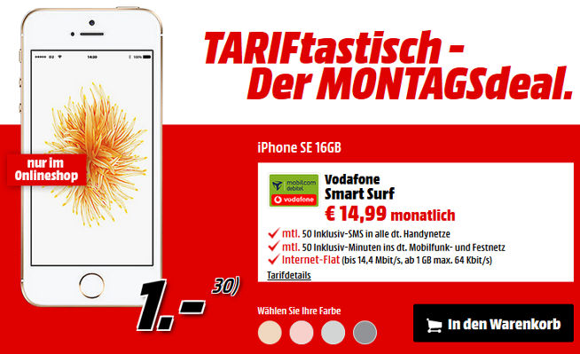 Media Markt Tariftastisch Deal: iPhone SE mit 1GB Smartphone Flat für 14,99 Euro