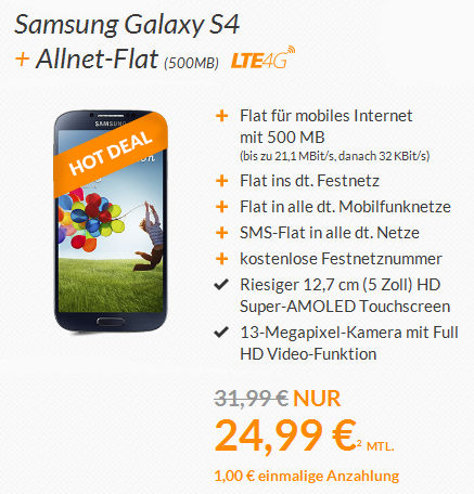 O2 Allnet Flat Deal mit Samsung Galaxy S4