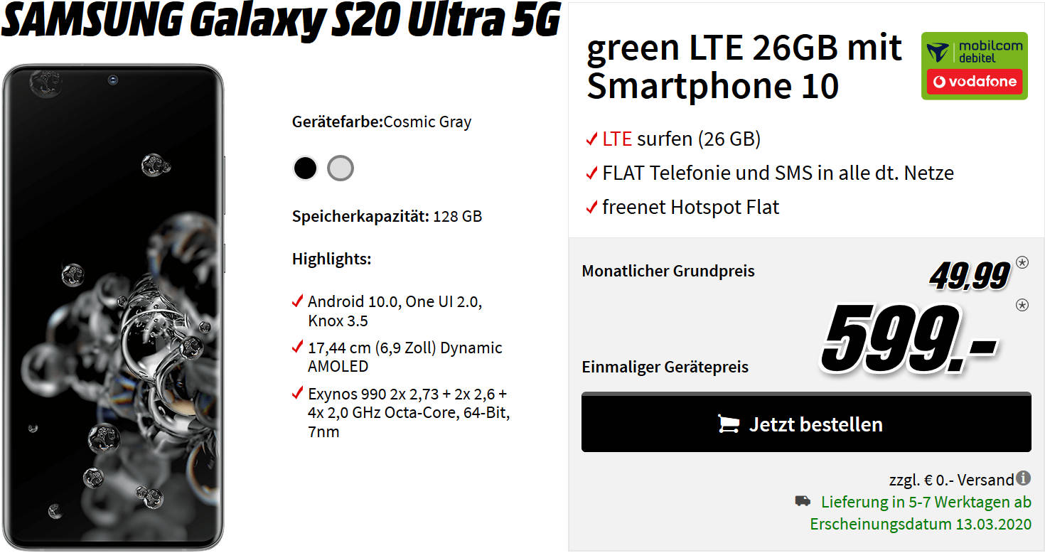 Samsung Galaxy S20 Ultra 5G Vertrag